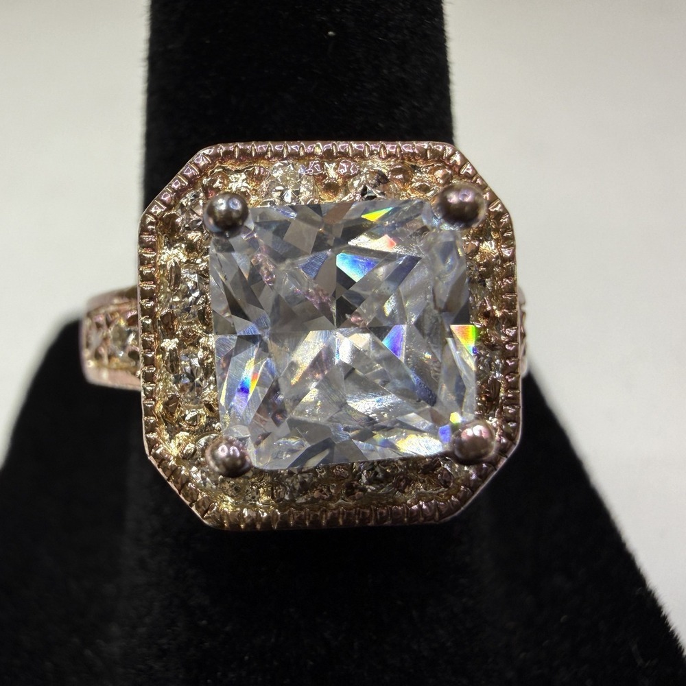 Stunning Rose Gold Tone Radiant Cut Halo Ring Fashion Jewelry Statement Sz 6